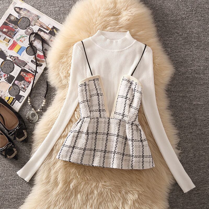 【set】店長推薦秋冬新作無地着やせセーター+チェック柄ベスト+ビーズ飾りタイトスカート通勤日常3点セットF0999