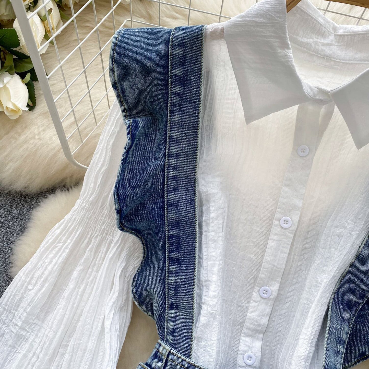 【set】シャツトップス×サロペットデニムパンツセット　M29710