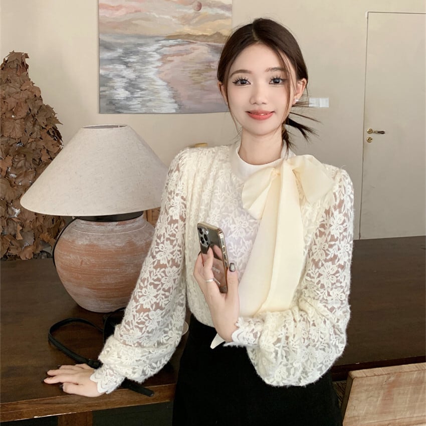 【tops】リボン付き裹起毛レーストップス　M28380