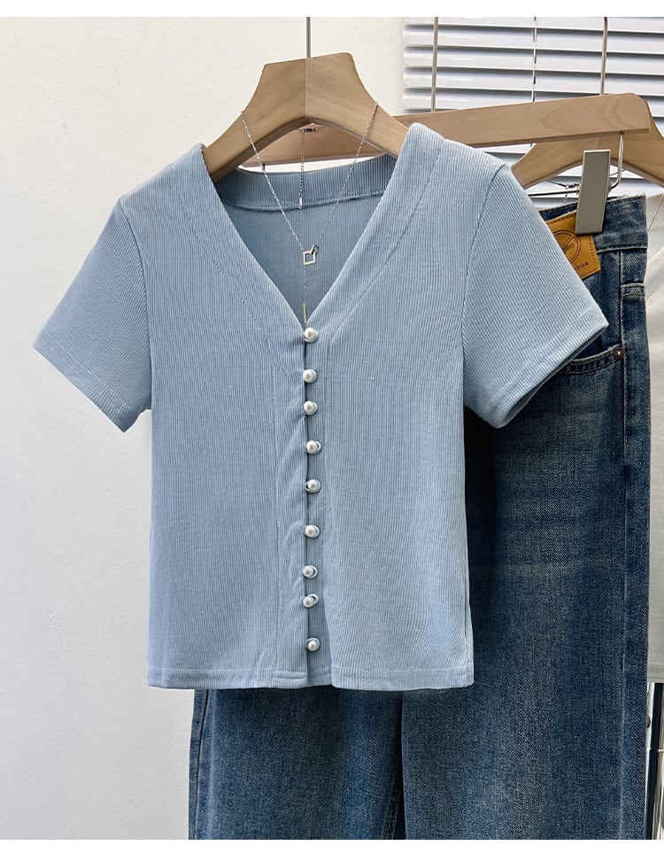 【tops】パールボタンVネックTシャツG21041