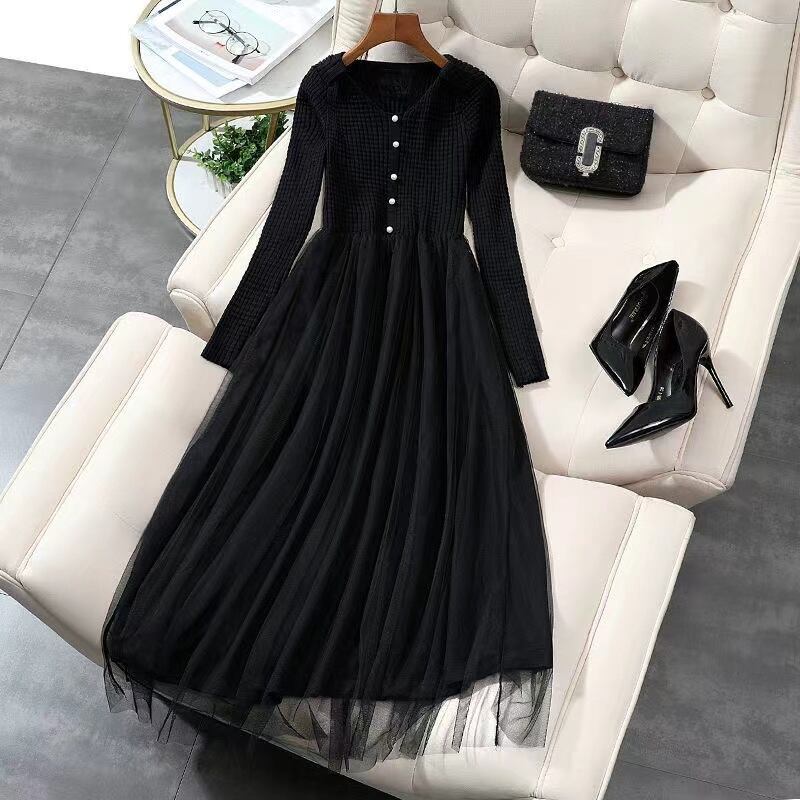 【dress】高級感溢れるVネック長袖レースメッシュ切り替えファッション無地おしゃれワンピースF1326