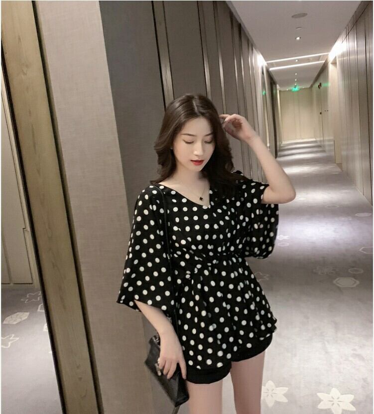 【tops】好感度満載！Vネック半袖シフォンドット柄ウェスト絞りファッションブラウスF0373