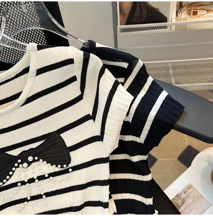 【tops】ビーズリボンニットTシャツG21546