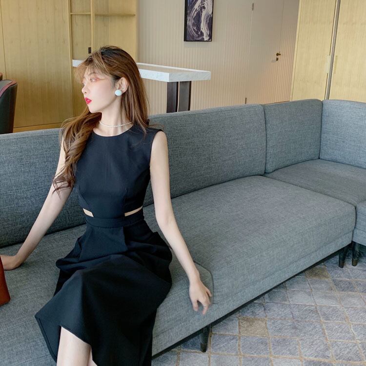 【dress】韓国ファッション海旅行ラウンドネック無地ノースリーブ着やせワンピースF0322