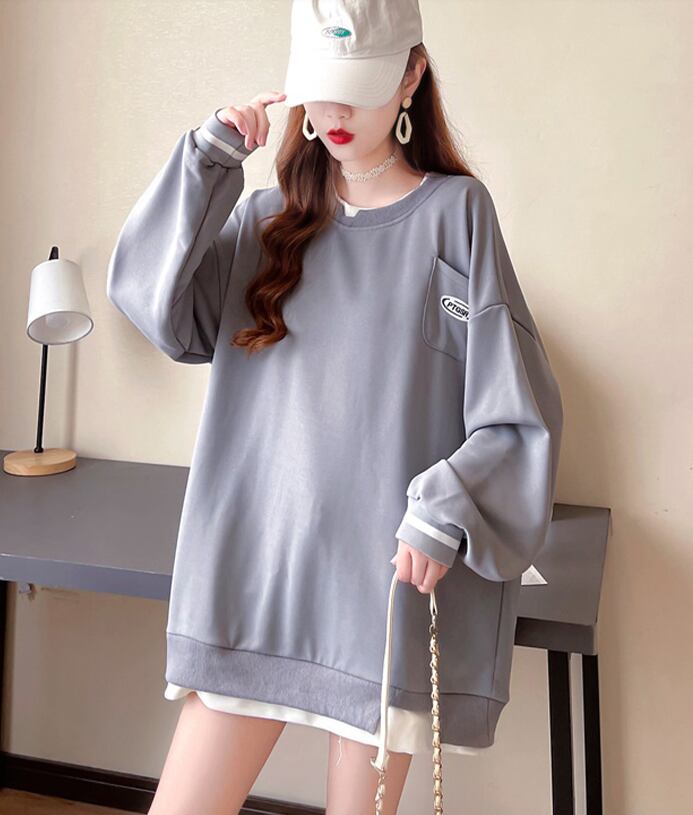 【tops】ラウンドネック長袖偽二つ切り替え英字柄ゆったり着回しパーカーF0676