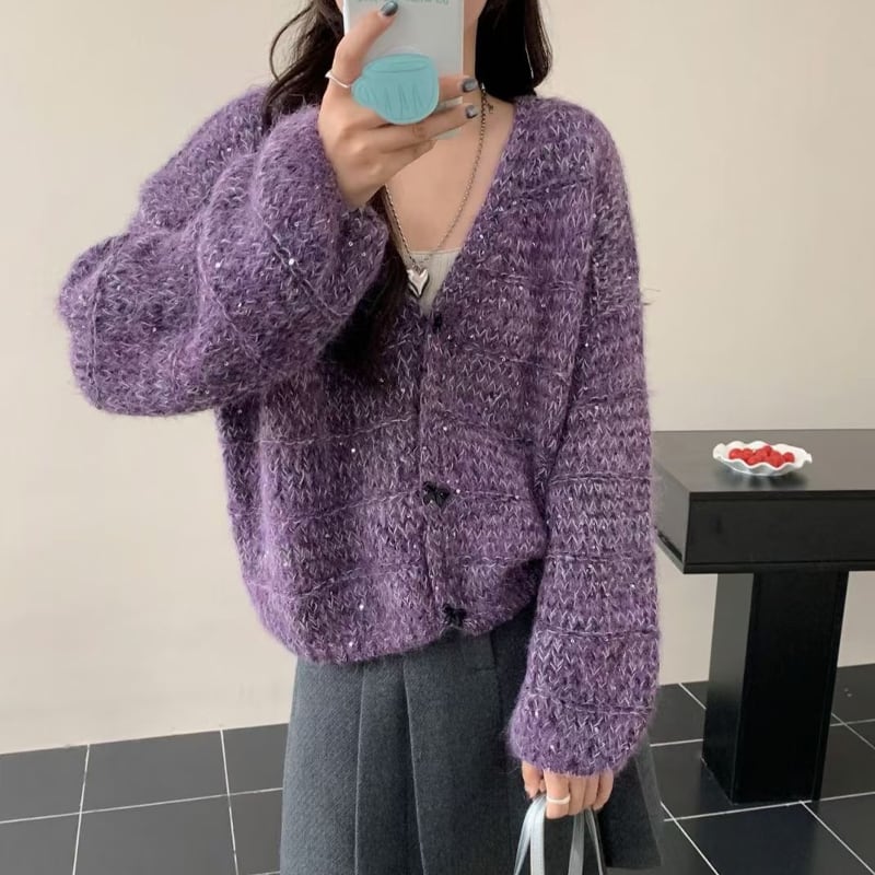 【outer】スパンコール付きニットカーディガン Q8121