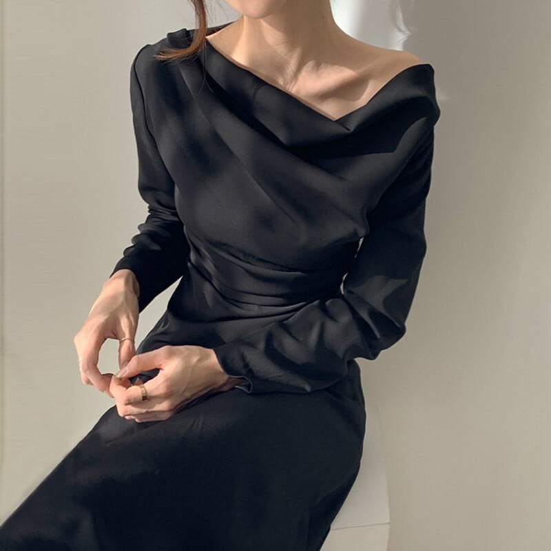 【dress】エレガント気質満点シンプル不規則着痩せハイウエスト長袖ワンピース G2964