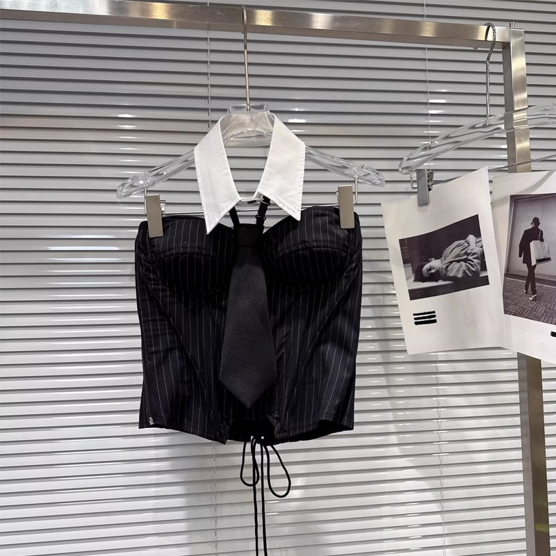 【tops】シャツネック付きチューブトップス Q7895