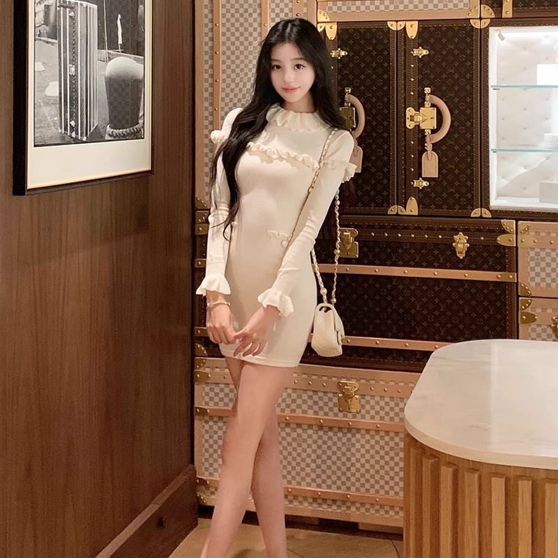 【dress】ギャザーフリルニットワンピース Q7676