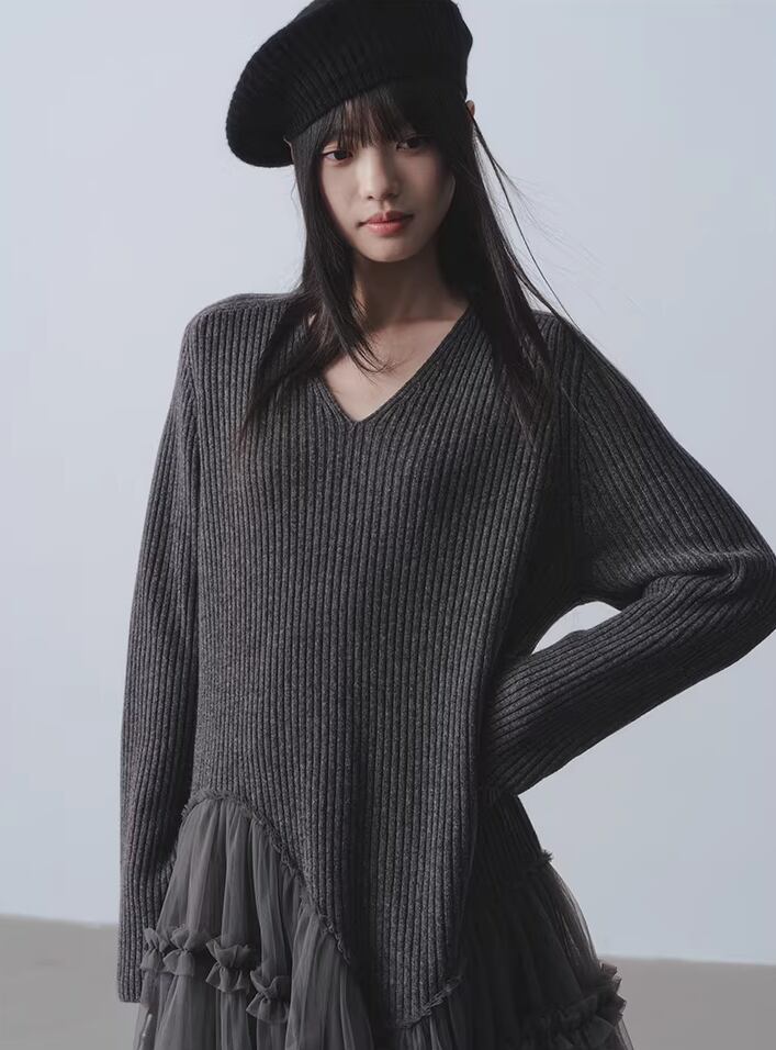【dress】チュールドッキングウールワンピース Q7963