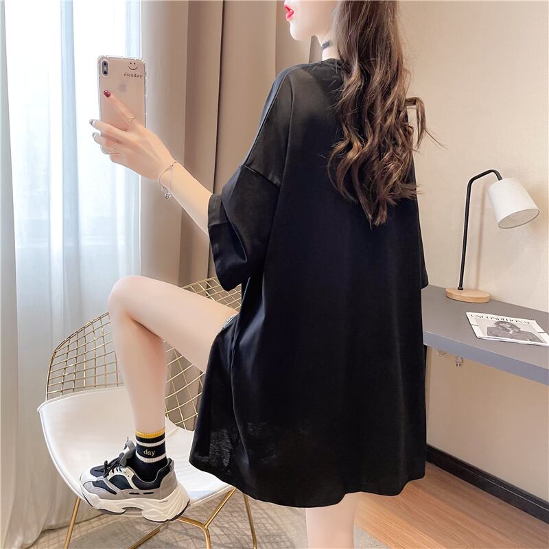 【tops】ラウンドネック半袖大きいサイズゆったりスリットTシャツF0074