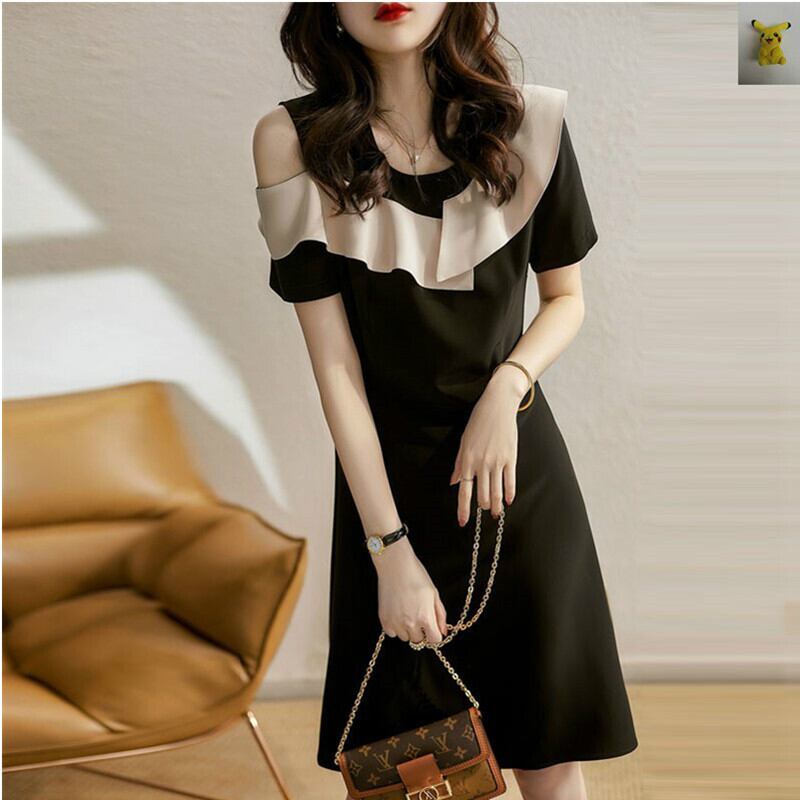 【dress】美感いっぱい? ?オフショルダーフリルデザイン配色デートワンピースF0048