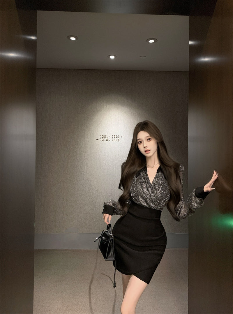 【dress】Vネック偽二つ切り替え長袖ワンピースG24373