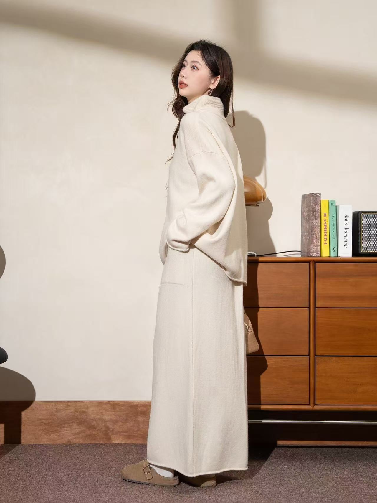 【set】ハイネックニットトップス×ロングスカートセット Q7789