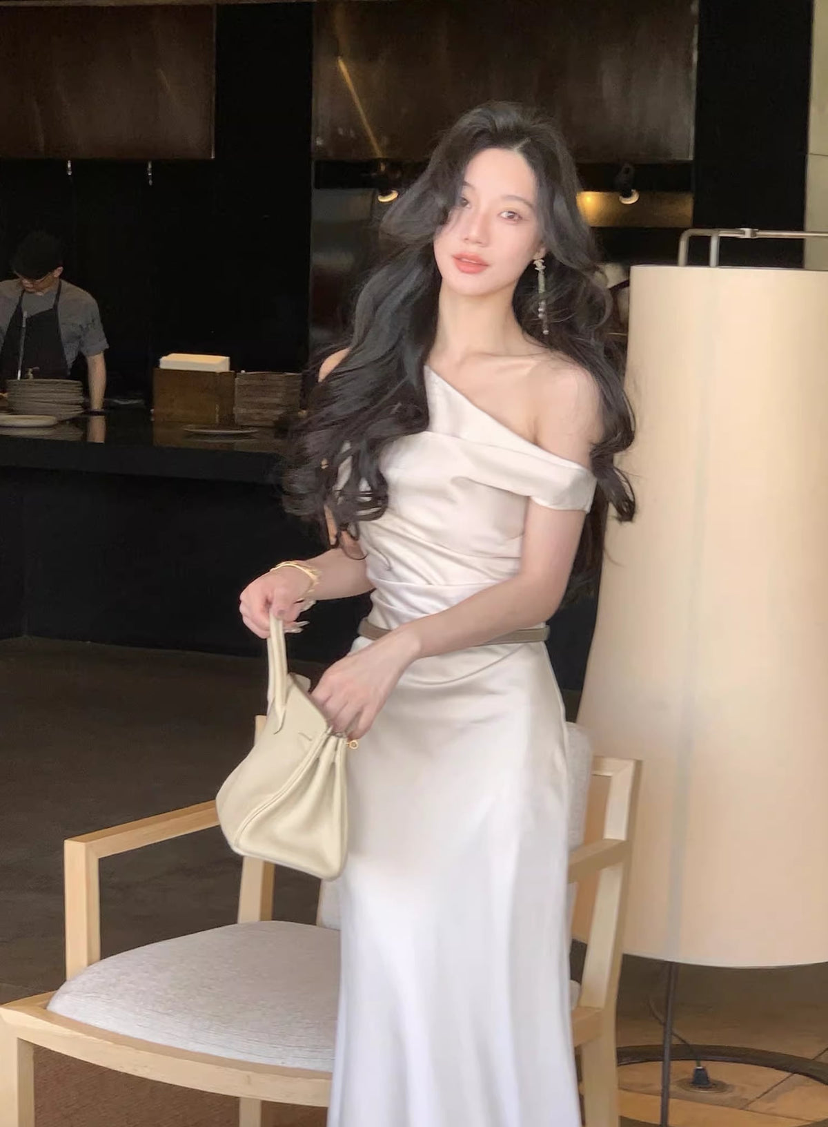 【dress】ノースリーブワンショルダーロングワンピース Q7987