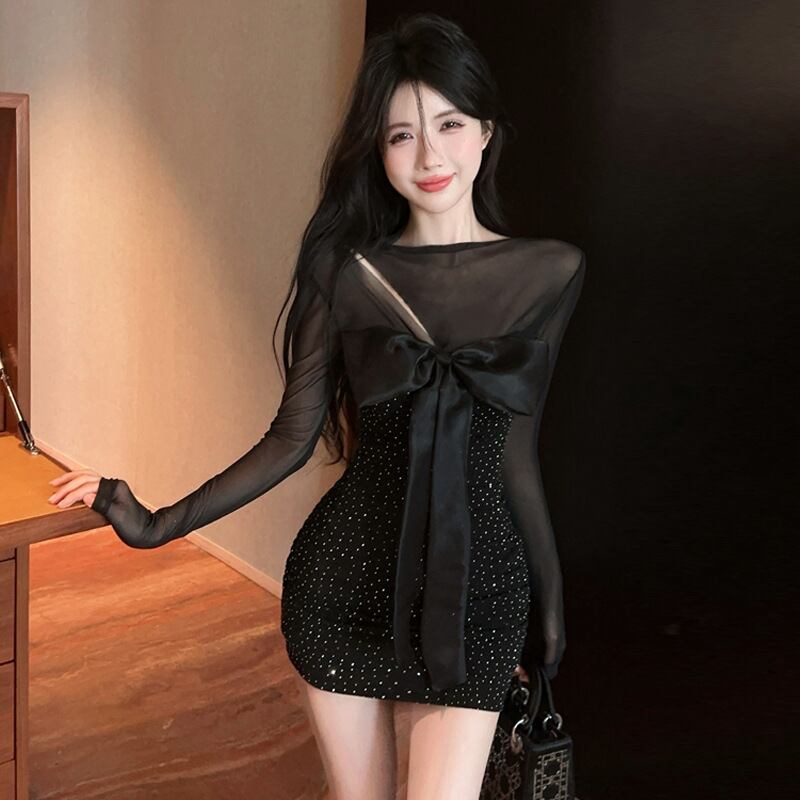 【dress】チュールコンビビジューリボン付きワンピース　M29784