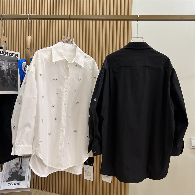 【tops】2色長袖ラインストーンブラウスF7328