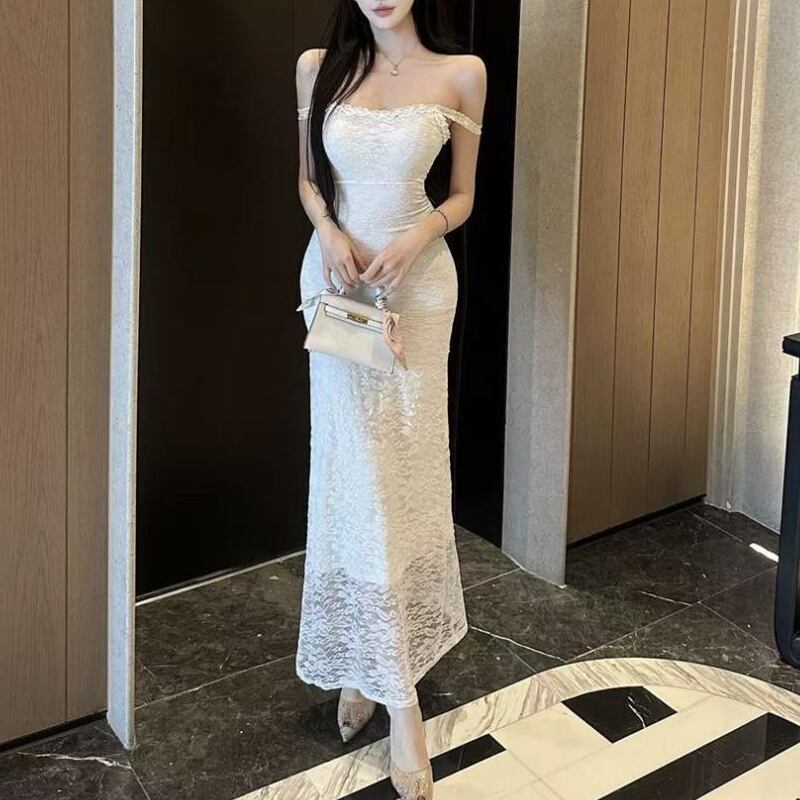 【dress】オフショルダーレースロングワンピース Q8189