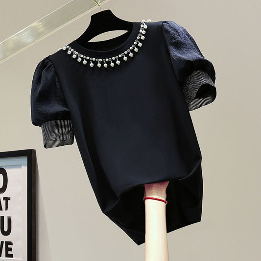 【tops】ラウンドネック半袖ビーズＴシャツF7326