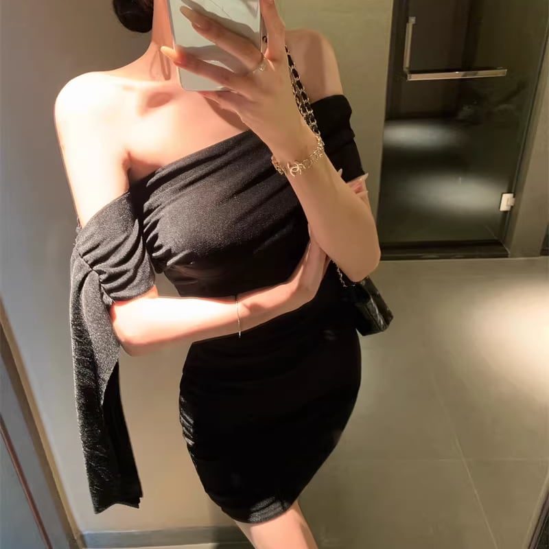 【dress】オフショルダーミニタイトワンピース Q8397