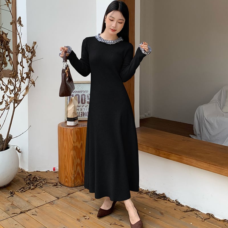 【dress】パール付きニットワンピース Q7053