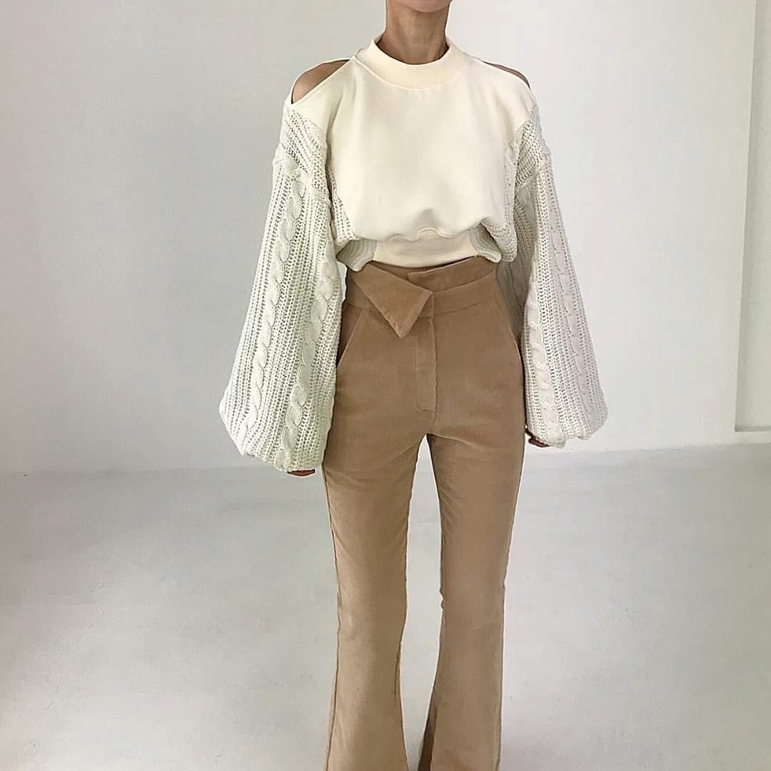 【tops】ニット切り替えオフショルダープルオーバー　M26064