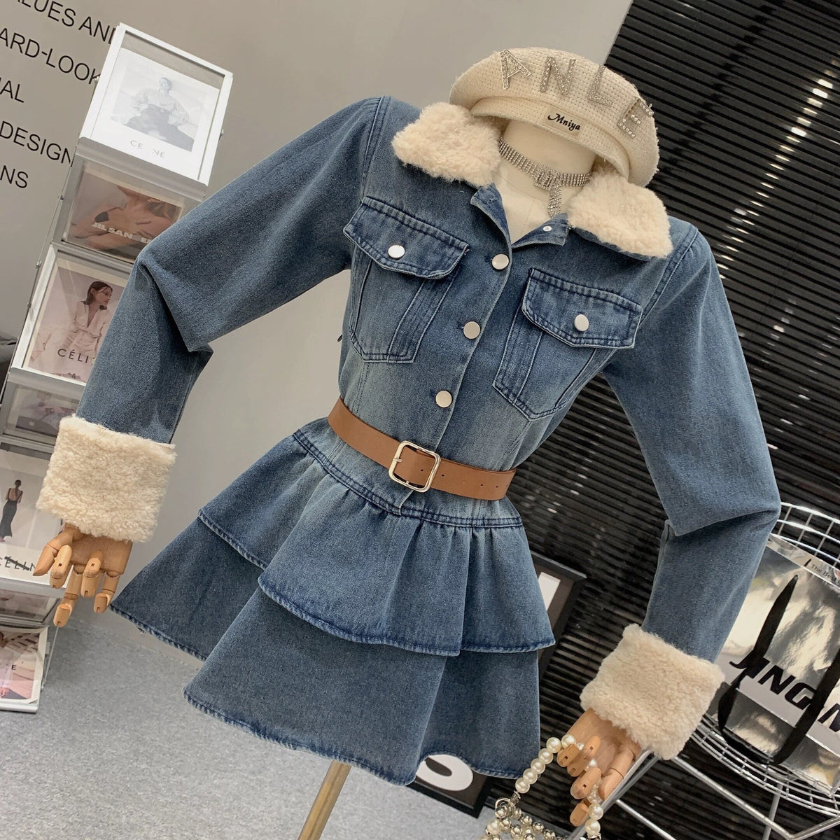 【dress】ファー付きデニムワンピース 　N2168