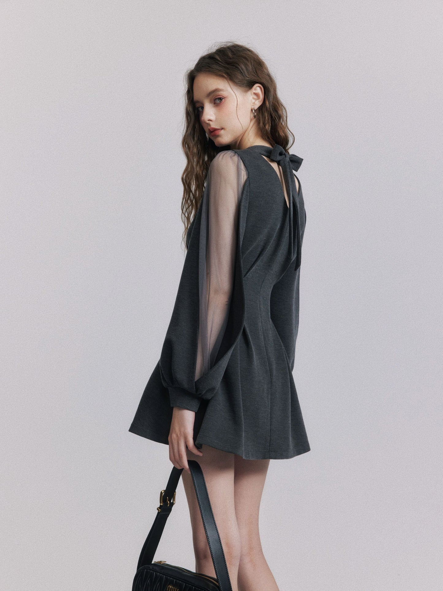 【dress】バックリボンチュールスリーブミニワンピース　N3484