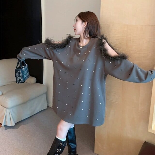 【tops】エコファー肩開きビジューパーカーF6187