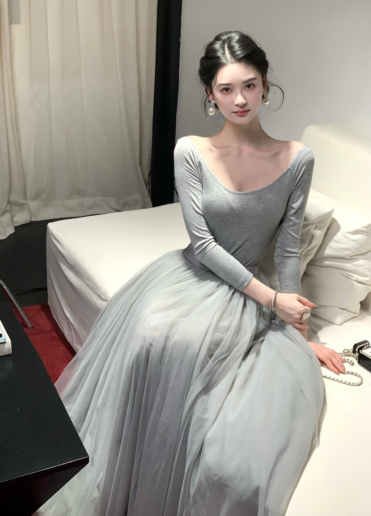 【dress】2WAYチュールドッキングロングワンピース　N3426