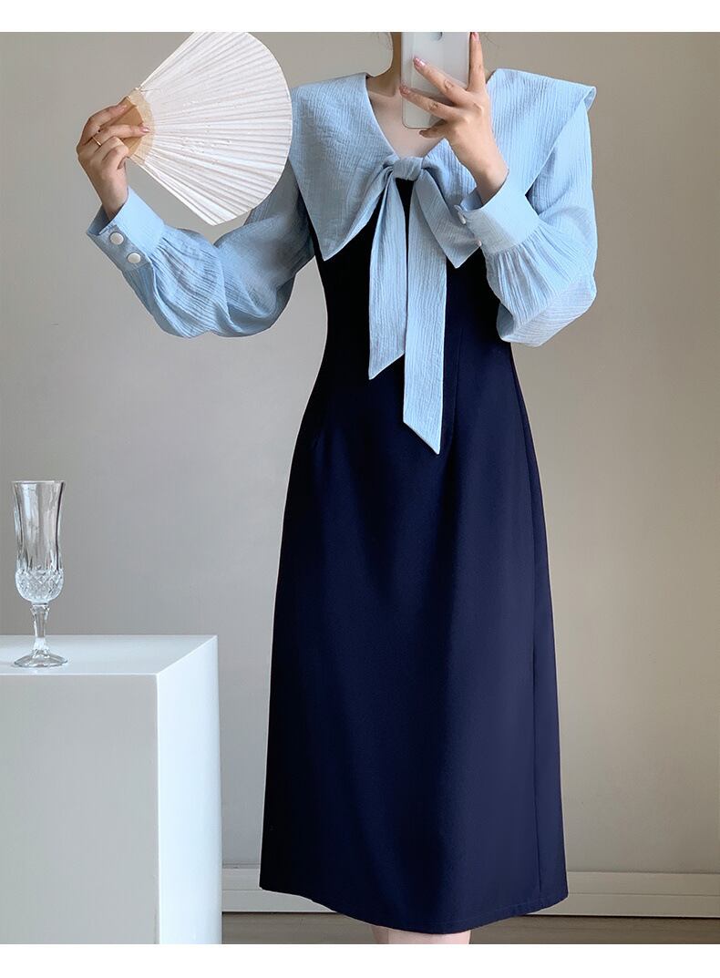 【dress】ネイビーカラー長袖ワンピース G20637