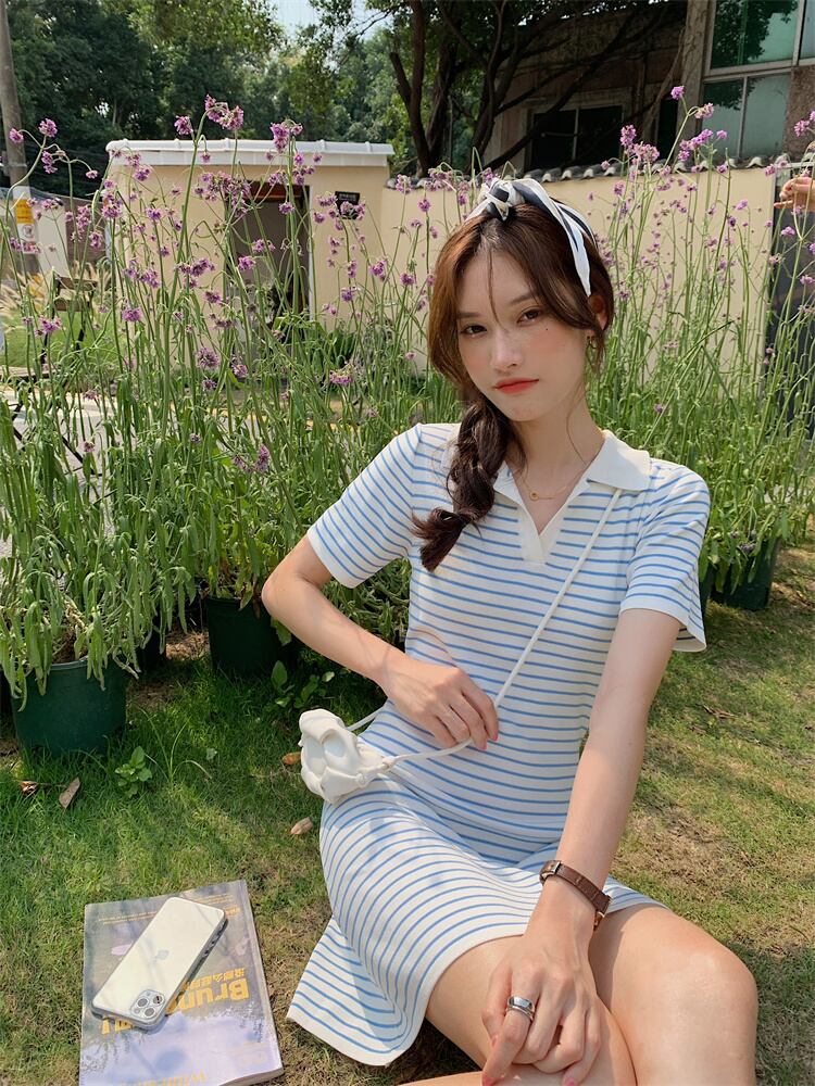 【dress】韓国風スウィートVネック着痩せストライプ柄ニットワンピース G0210