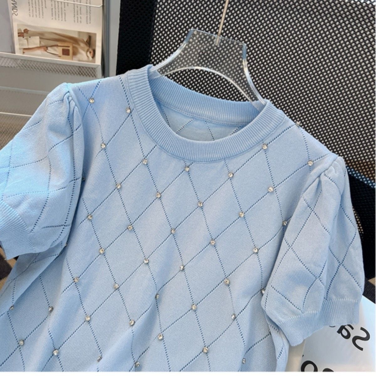 【tops】2色ラインストーンニットＴシャツF7308