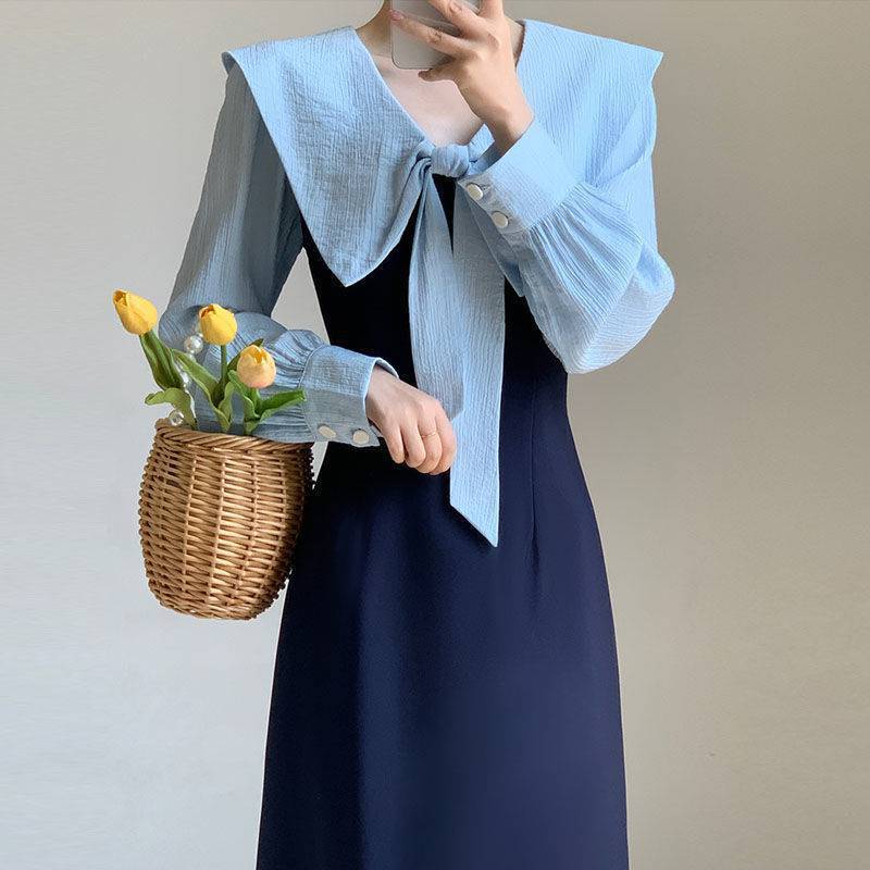 【dress】ネイビーカラー長袖ワンピース G20637