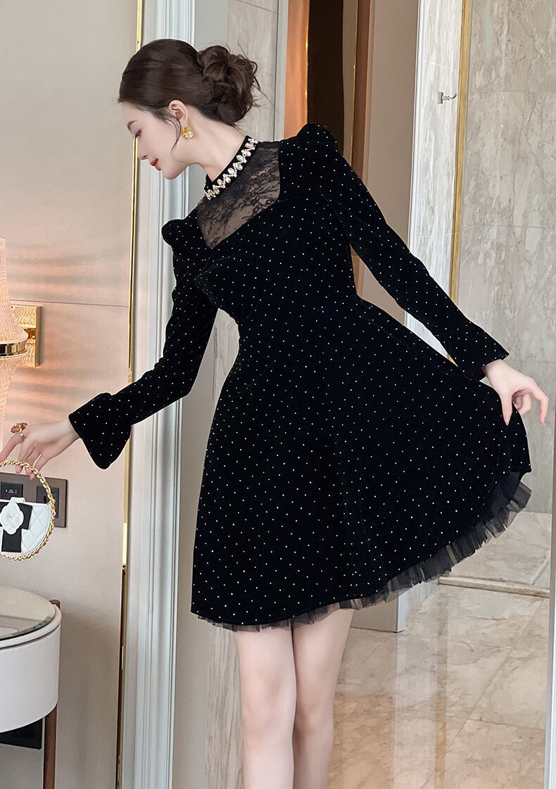 【dress】レースドッキングラインストーンベロアワンピース　N3420