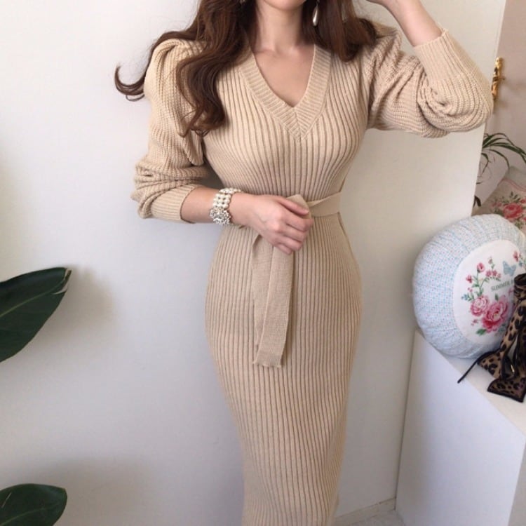 【dress】Vネックスリットタイトニットワンピース G16693