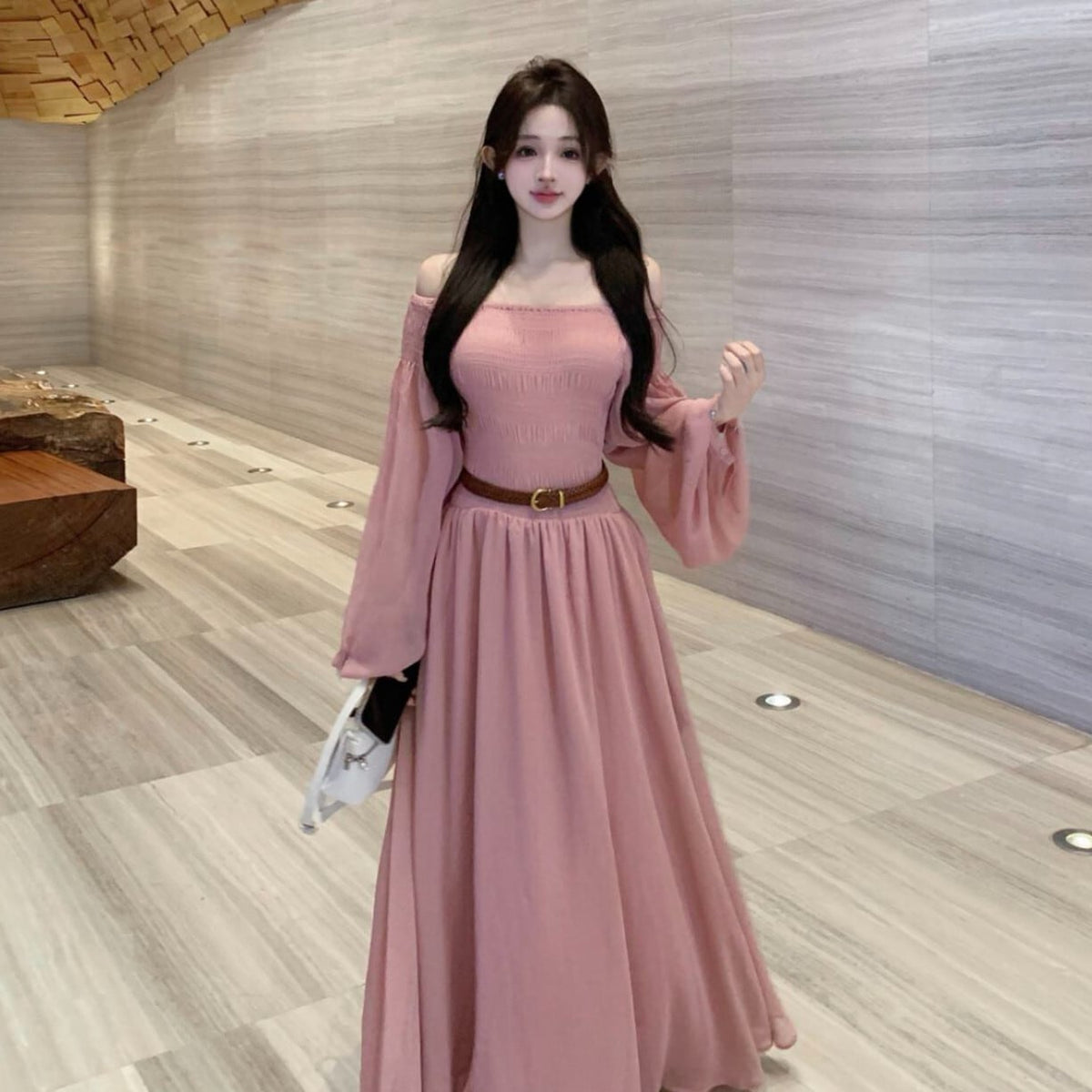 【dress】ボートネックワンピースベルト付き　M24667