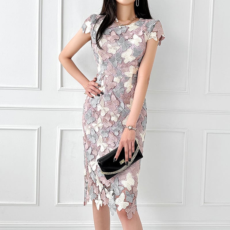 【dress】ノースリーブレース蝶柄ワンピース Q8426