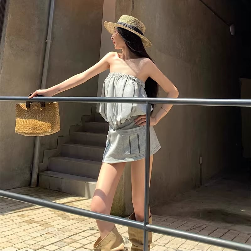 【dress】ストライプ柄チューブドレス Q8130