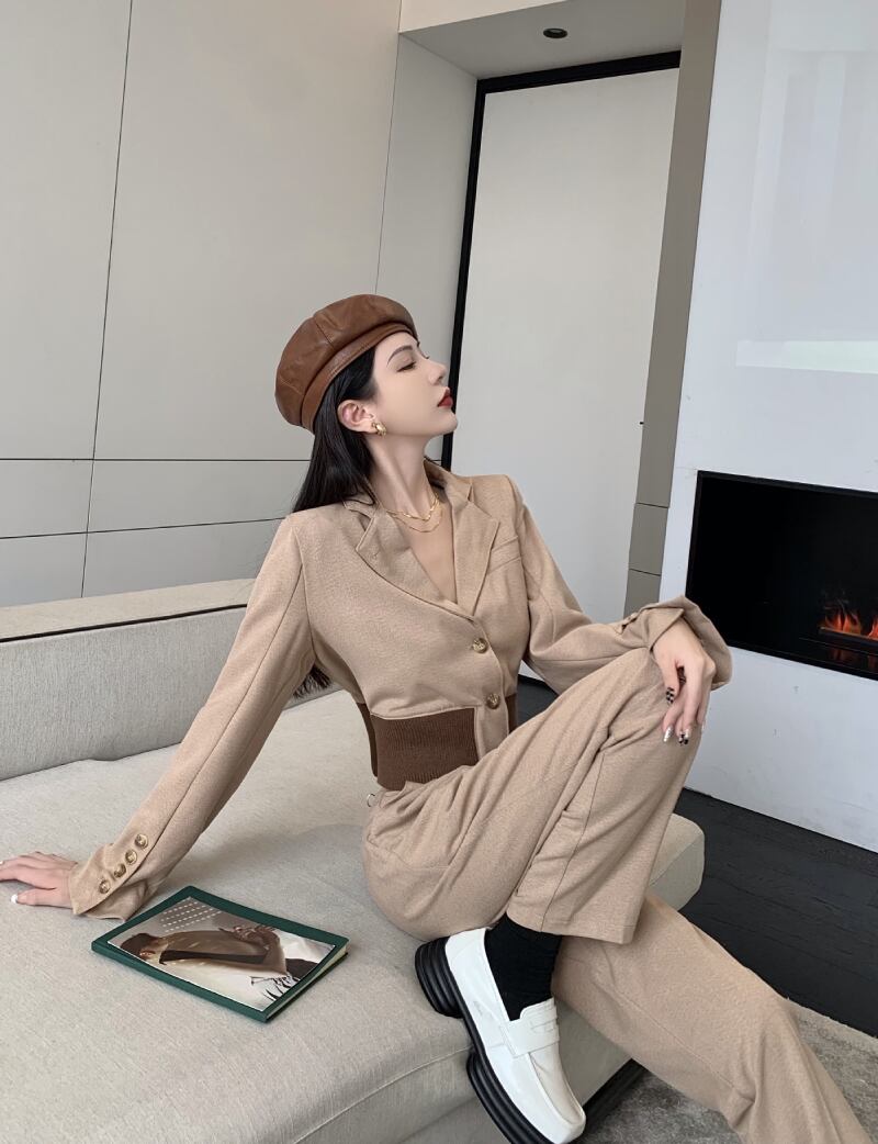 【set】絶対欲しい!気質満点レトロシンプル長袖アウター+ハイウエストパンツ２点セット G3989