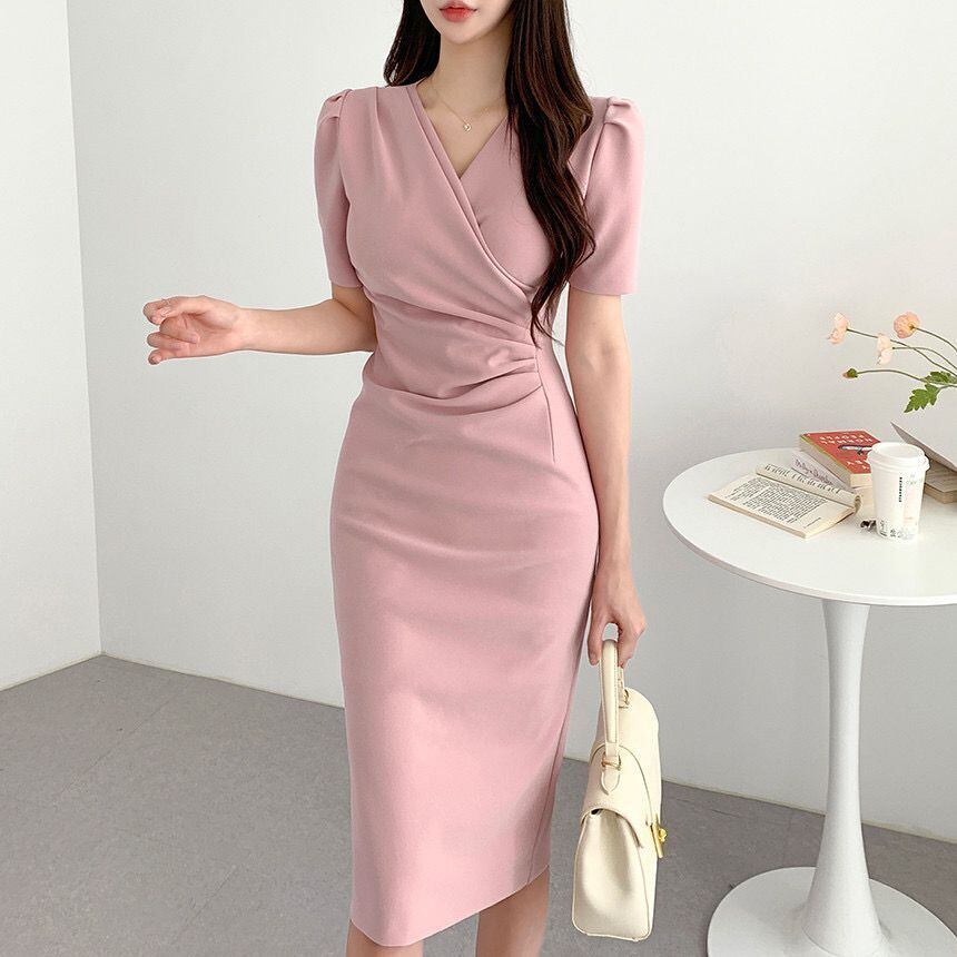 【dress】韓流スタイルchic気質満点Vネックパフスリーブ不規則スリットワンピース G12993