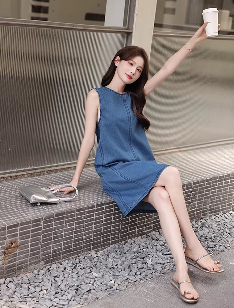 【dress】バックオーポンノースリーブデニムワンピース Q8421