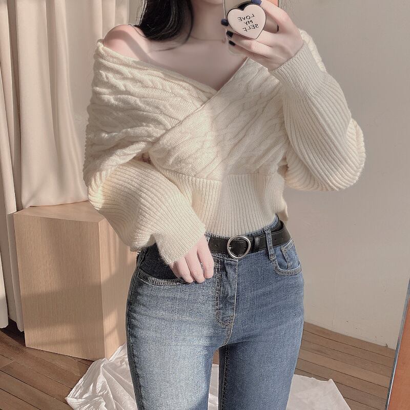 【tops】クロスVネックニットセーター　M26968