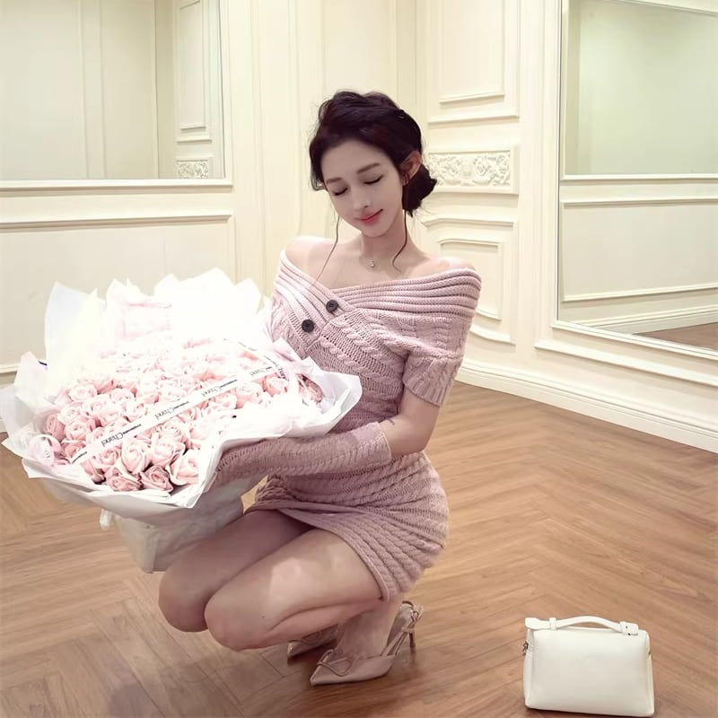【dress】アームウォーマ付きクロスネックニットワンピース Q7850
