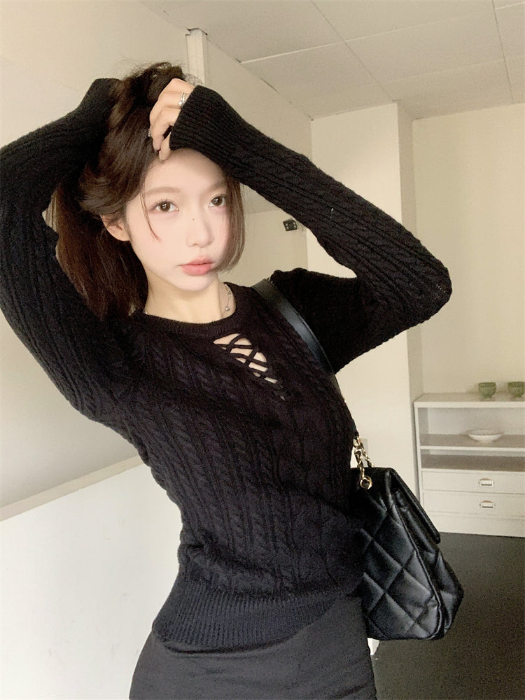 【tops】透かし彫り長袖ニットセーターG24515