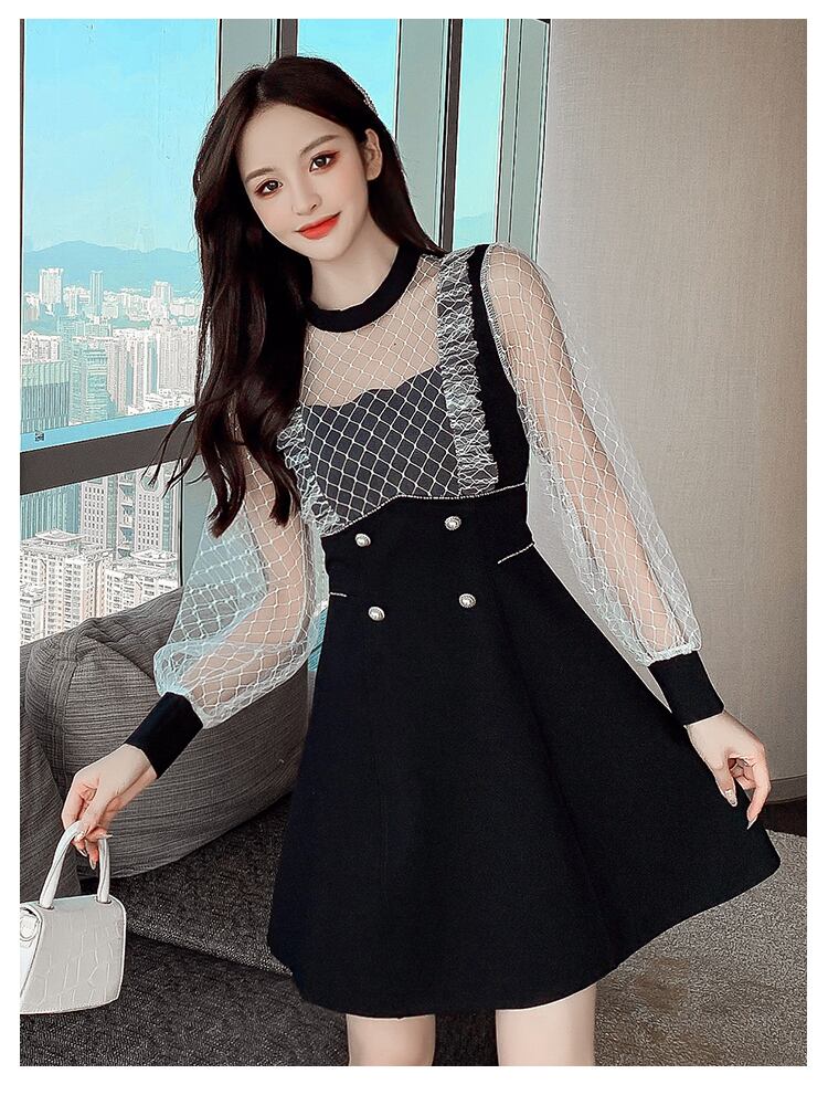 【dress】エレガント!気質満点レトロ切り替え長袖体型カバー着痩せ春フランス風ワンピース G5325