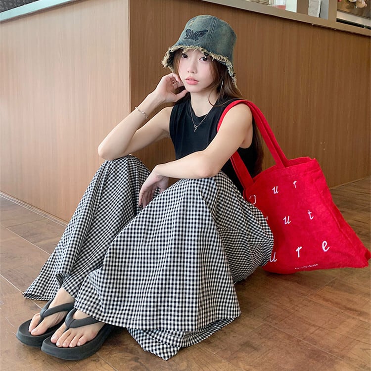 【set】ノースリーブトップス+チェック柄ワイドパンツセット　M24064