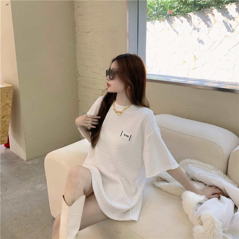 【tops】韓国ファッションINS風2色ラウンドネック半袖ゆったり着回しTシャツF0379