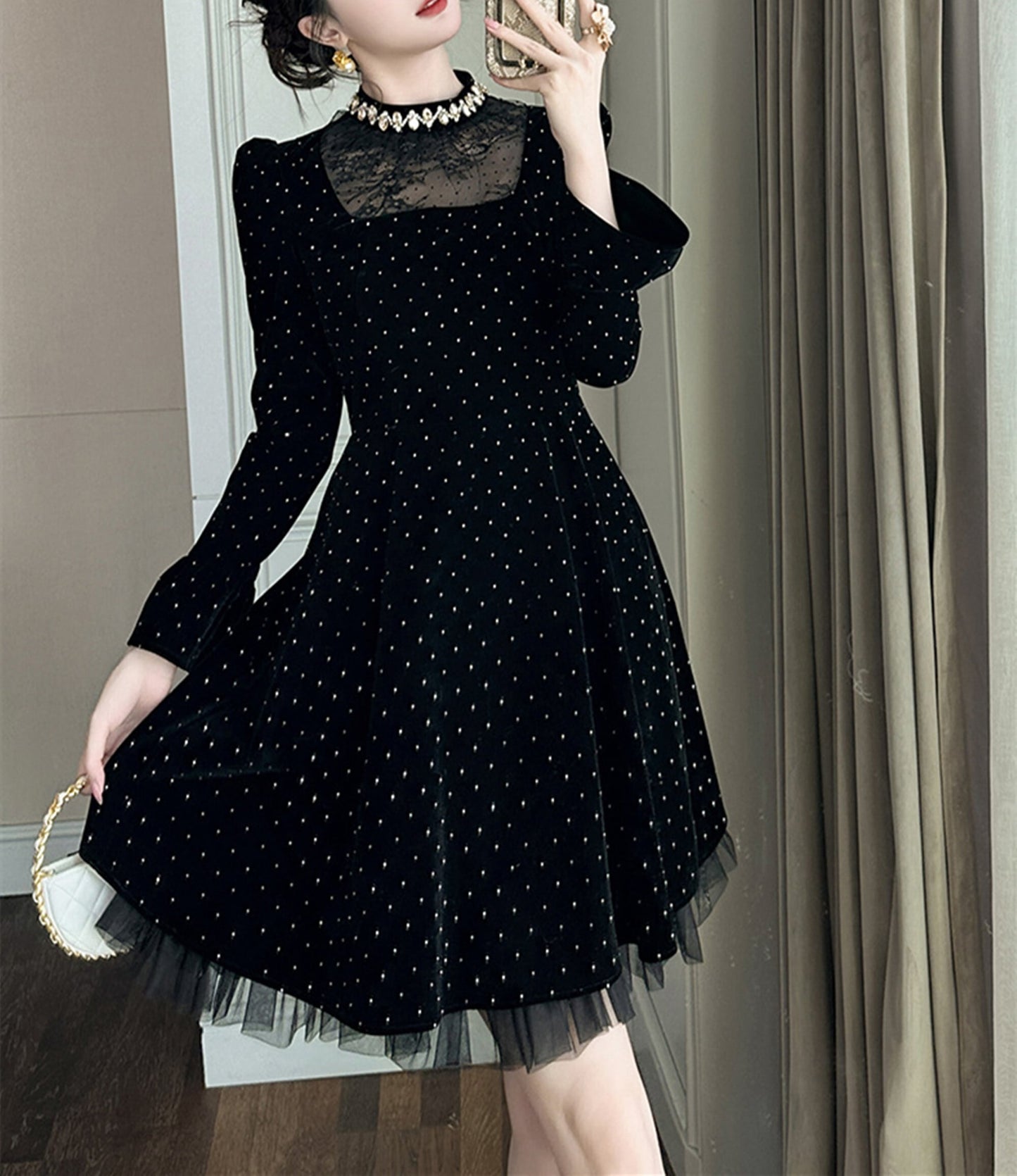 【dress】レースドッキングラインストーンベロアワンピース　N3420
