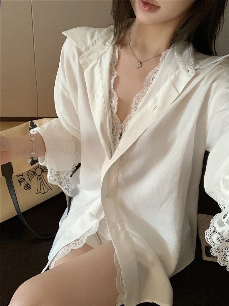 【tops】レース切り替えシャツブラウス　M30057